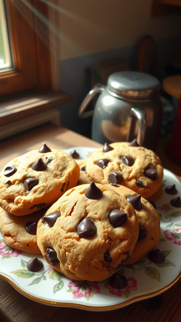 Plate of golden brown vintage chocolate chip cookies with melted chocolate chips.